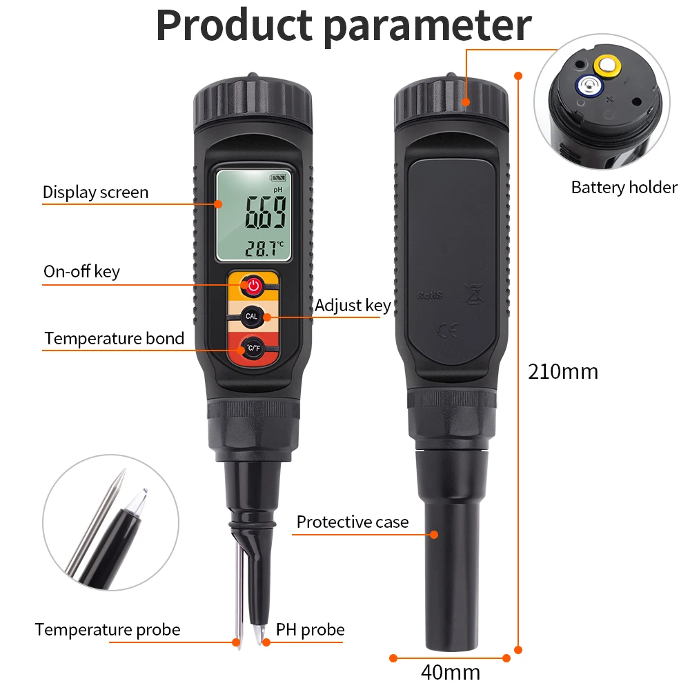 Digital Food PH Meter Water Temp Acidity Tester for Dough Fruit Cheese Meat Bread Soil PH Meter 0.00~14.00 High Accuracy 5