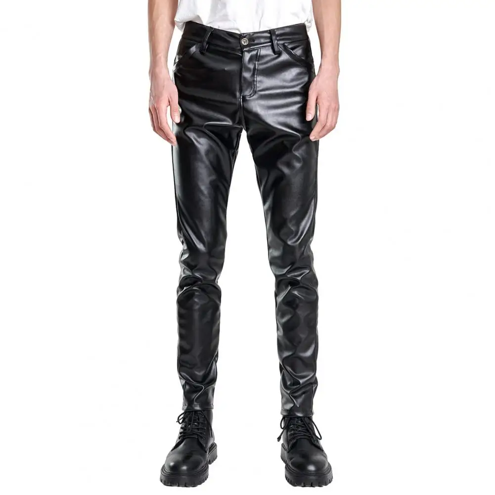 

Faux Leather Pants Men Slim Fit Elastic Glossy Solid Color Mid Waist Pockets Ankle Length Streetwear Hip Hop Club Pencil Pants