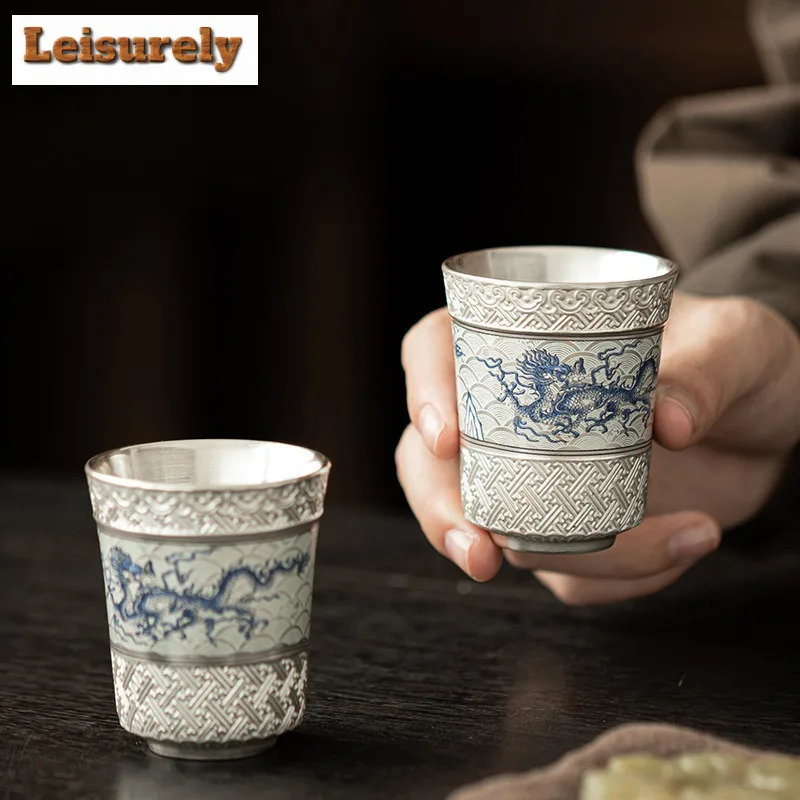 Gilt Silver Flying Dragon Teacup Japanese Tea Bowl Single Cups Tea-tasting Personal Cup Chazhan Master Cups Chinese Tea Set Gift