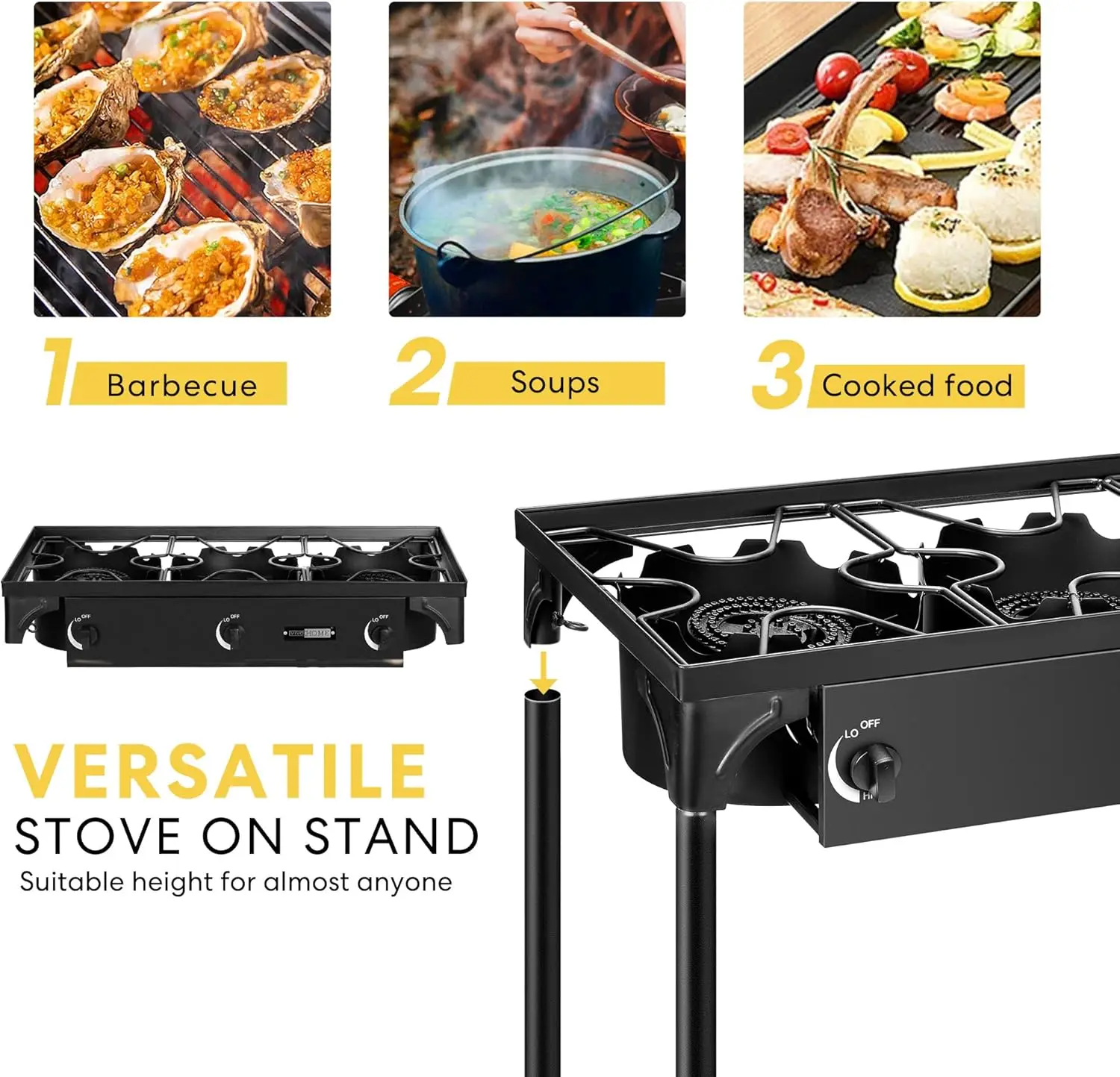 Outdoor 3-Burner Stove, Max. 225,000 BTU/hr, Heavy Duty Tri-Propane Cooker with Detachable Legs Stand for Camping Cooko