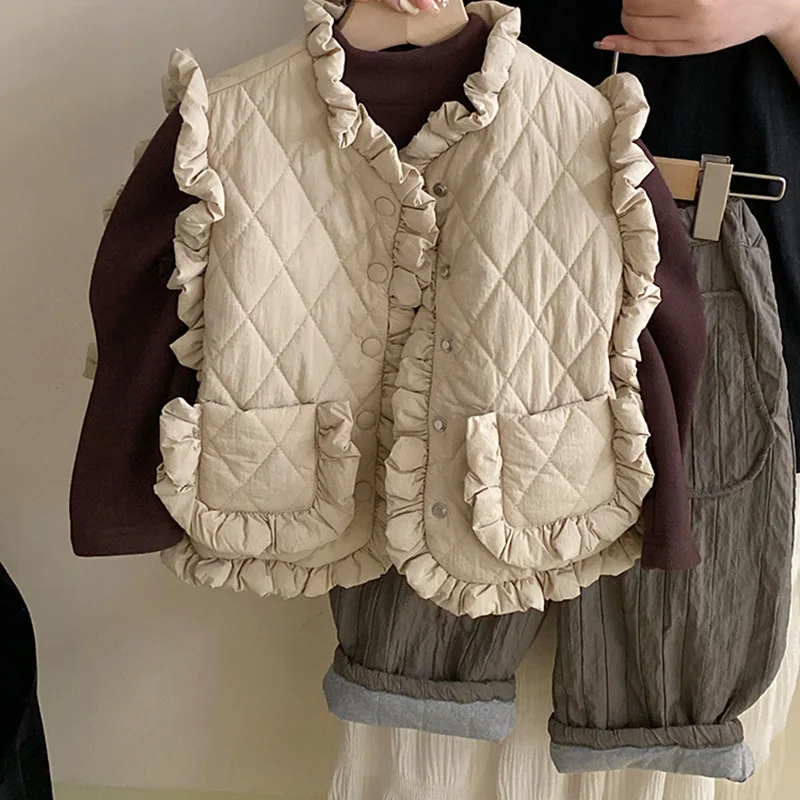 

Fashion Autumn Winter Baby Girls Coats Beige Diamond Pattern Curved Border Sleeveless Vests Waistcoats Single Breasted Cardigans