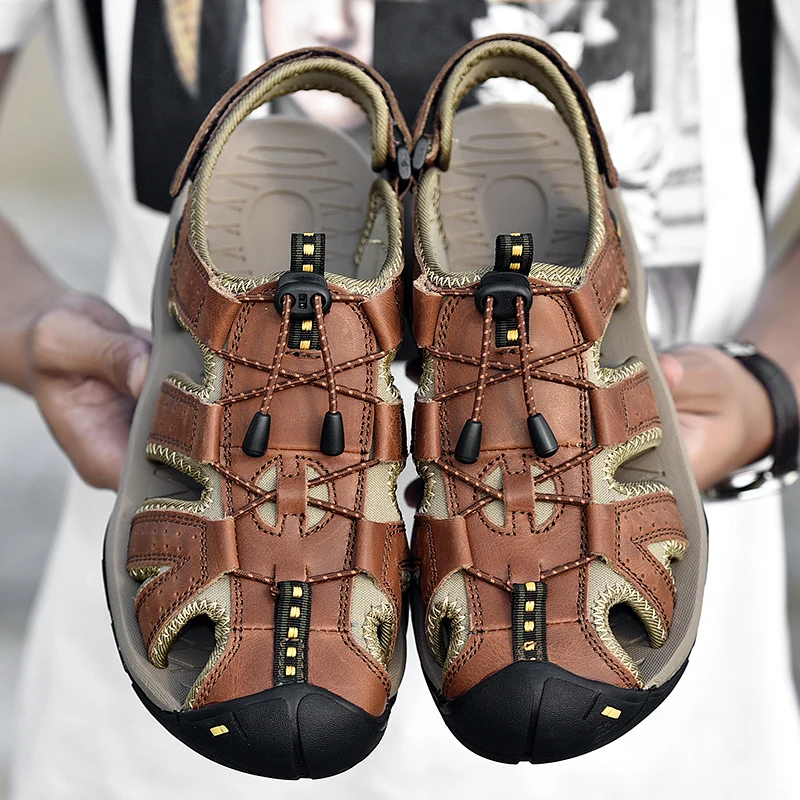 

39 сандалий легкие дышащие повседневные кожаные мужские босоножки sizes47 летние натуральные уличные пляжные сандалии для мужчин