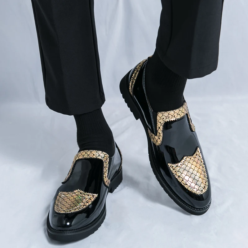 Luxury Brand Golden Leather Shoes Mens Loafers Slip on Casual Shoes Fashion Business Formal Wedding Party Office Leisure Shoes 6