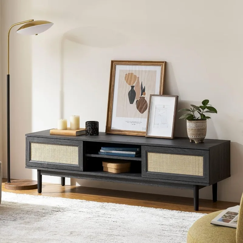 

TV Stand, 59" Modern Boho Farmhouse Entertainment Center, Natural Rattan TV Console, TV Stand with Storage, Media Console