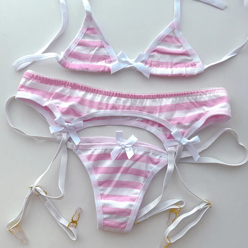 2025 Striped Halter Micro Bikini Set Lolita Kawaii Swimsuit Backless String Tied Bathing Suit 3