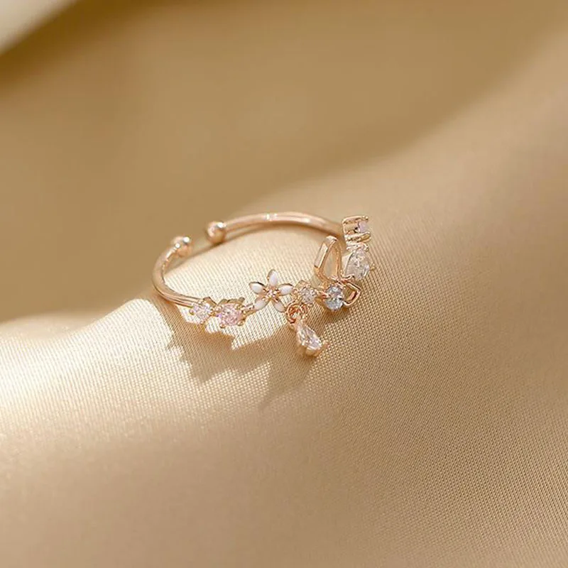 ANENJERY Zircon Flowers Bowkont Adjustable Ring For Women Simple Beautiful Princess Accessories Gift