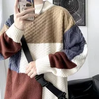 Hot Sale Of The Season Men's Oversized Half High Collar Knitted Sweater Color Block Casual Winter Fashion Loose Fit Hoodie Knitw