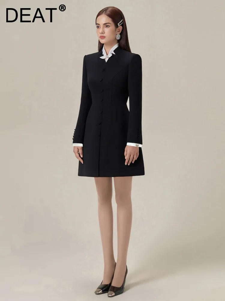 

DEAT Mini Dress Stand Collar Three-dimensional Flower Decorate Contrast Color Zip Women Dress 2023 Winter New Fashion 13DB3939