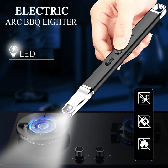 Mechero largo eléctrico recargable por USB para cocina, encendedor para  estufa, a prueba de viento, LED, arco de Plasma, vela sin llama, para  exteriores - AliExpress