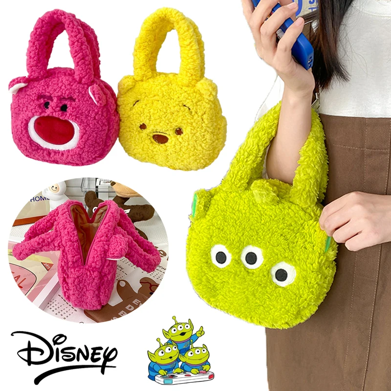 Disney Lotso Pooh Bear Handbag Cartoon Soft Furry Tote Bag Ladies Clutch Anime Creative Key Storage Portamonete Peluche Phone Pouch