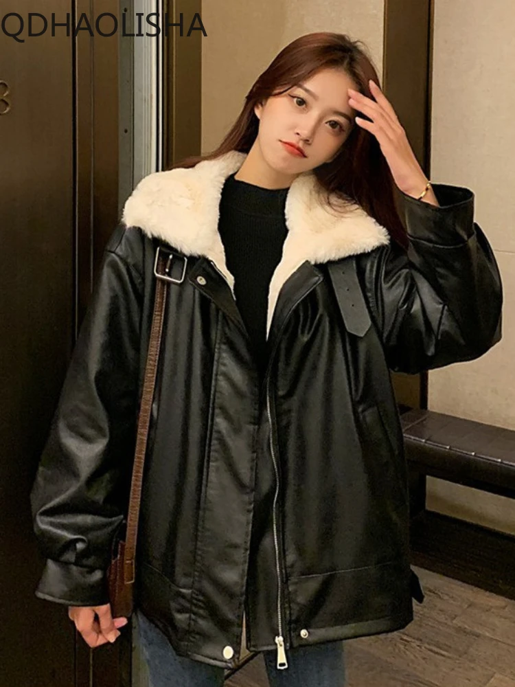 

Women's Jackets Oversized Thick Plush Loose Leather Jacket Warm Winter Women Clothing Harajuku Korean Fashion Coat Fur Collar