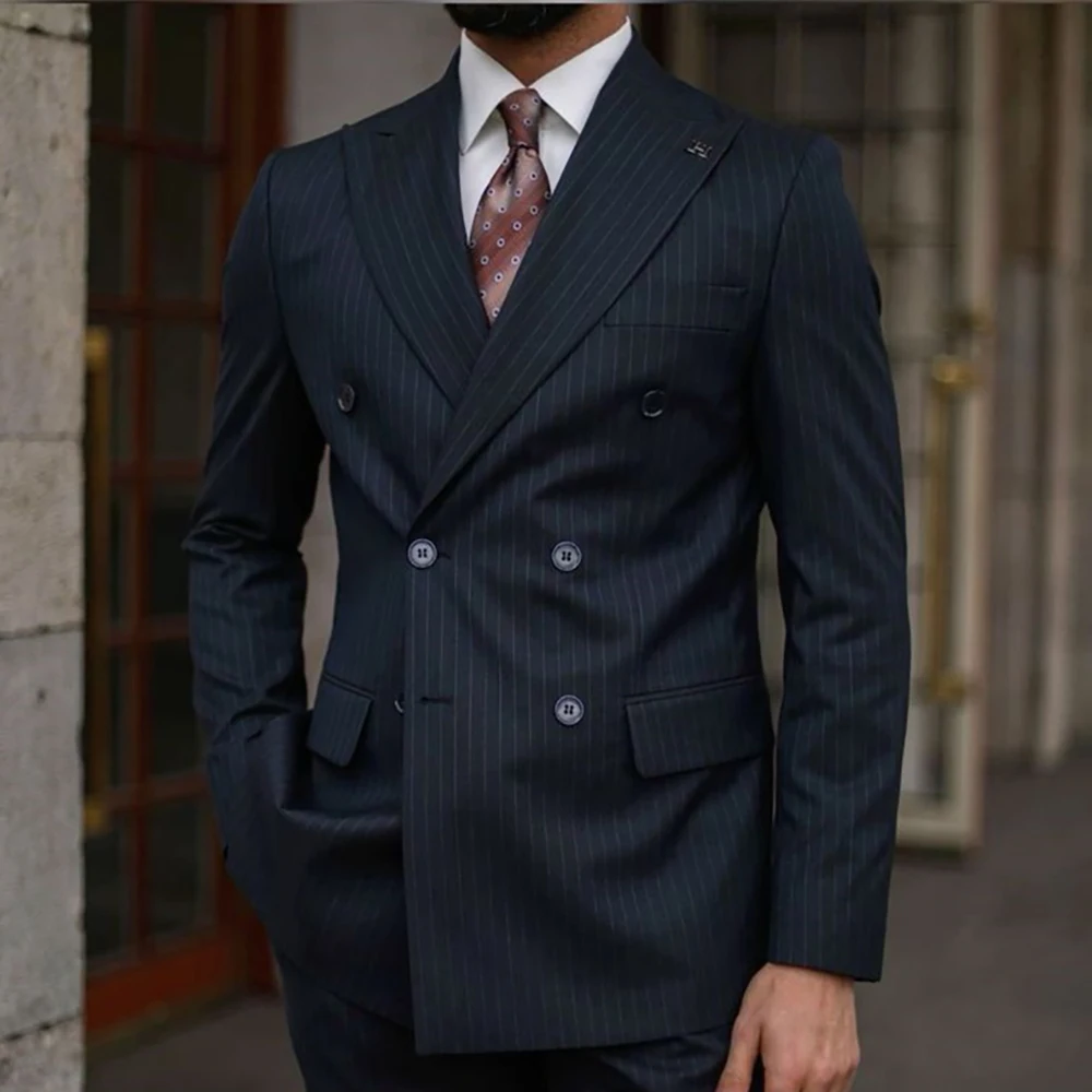 Elegant Navy Blue Striped Suits For Men Double Breasted Business Blazer Slim Fit 2 Piece Jacket Pants Costume Homme Pour Mariage