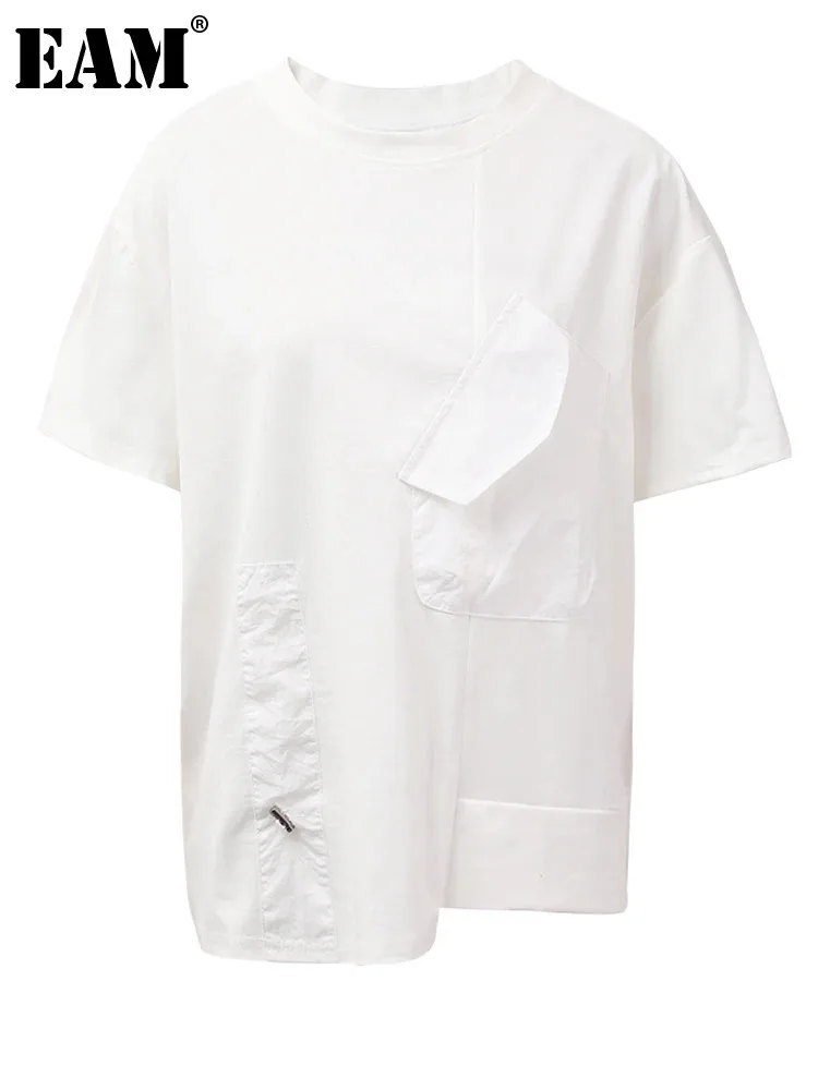 

[EAM] Women White Drawstring Irregular Big Size T-shirt New Round Neck Short Sleeve Fashion Tide Spring Summer 2024 1DH5355