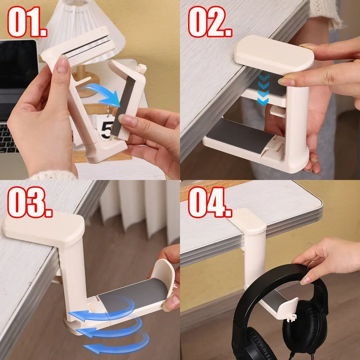 Adjustable Clamp Headphone Holder Headset Stand 360°Rotating Clamp-on Earphone Holder Hanger Hook with Cable Clip Organizer