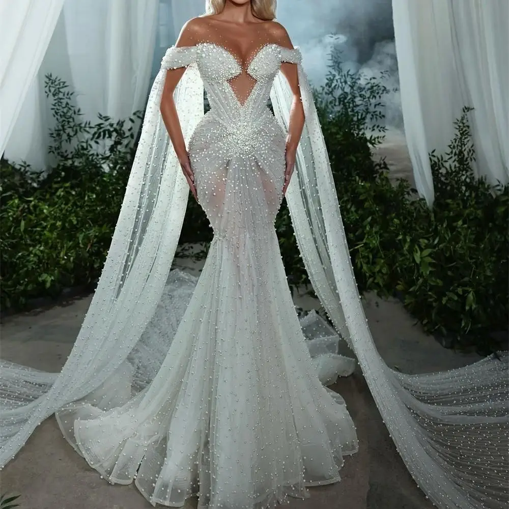 

Gorgeous Mermaid Pearls Wedding Dress Sheer Neck Illusion Beading Bridal Gowns Beach Tulle Robes De Mariee