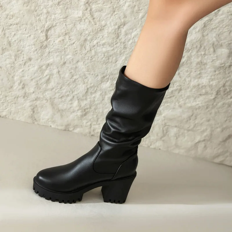 Waterproof Platform Ultra High Thick Heel Slip-On Women's Elastic Boots Soft Top PU Material Autumn New Mid-Calf Boots