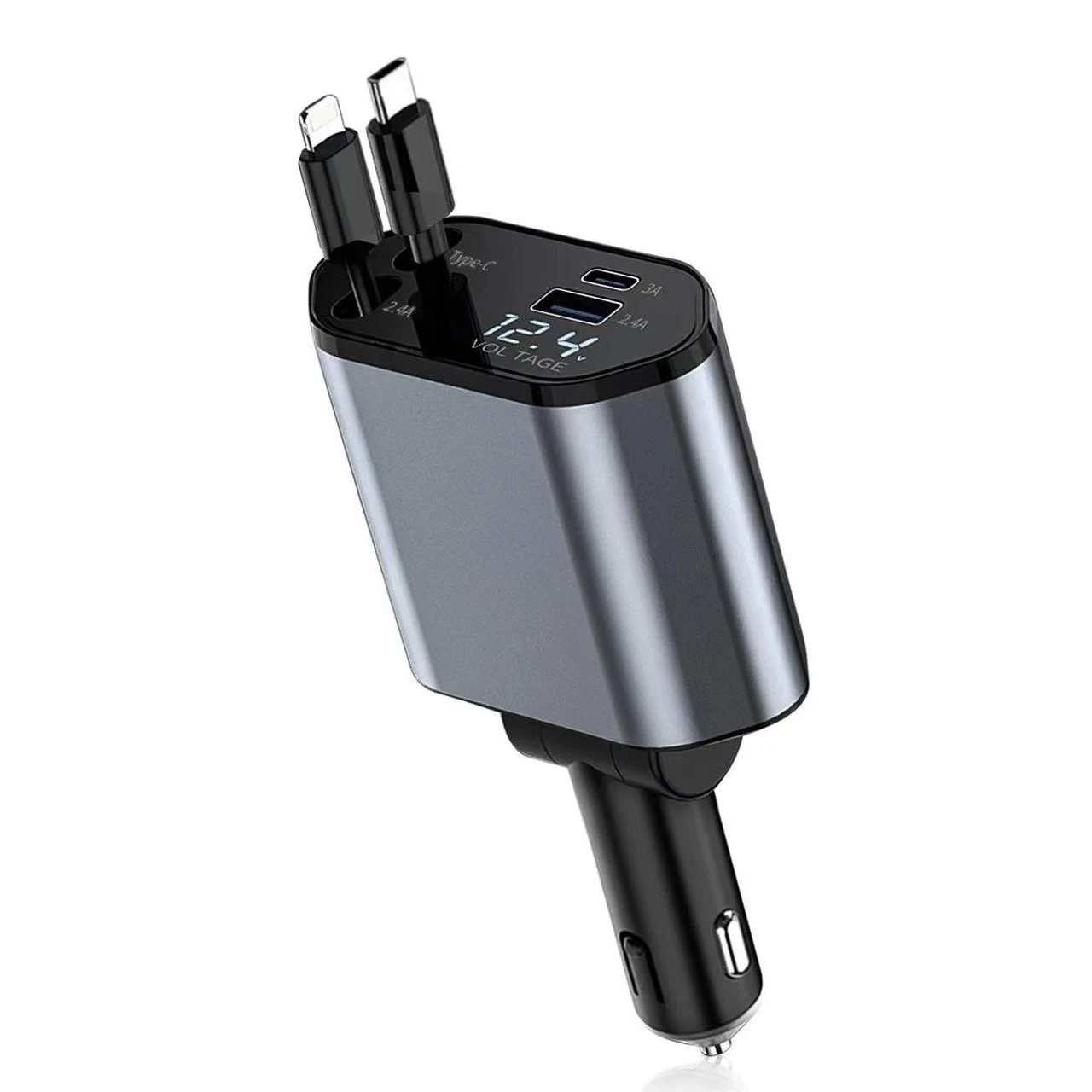 Versatile 4-in-1 Fast Charging Vehicle Charger with Retractable Cable and Dual USB Ports, 120W