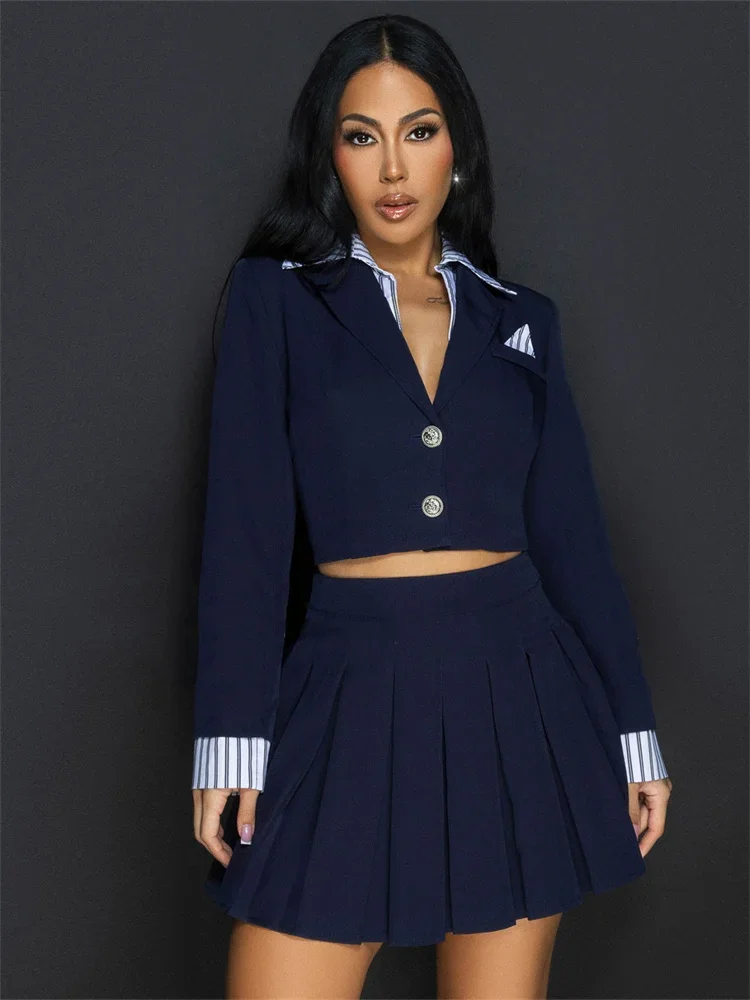 Wmstar Women Two Piece Set Fashionable Casual Suit Collar Button Fake Two-piece Top Pleated Skirt Set Wholesale Dropshipping