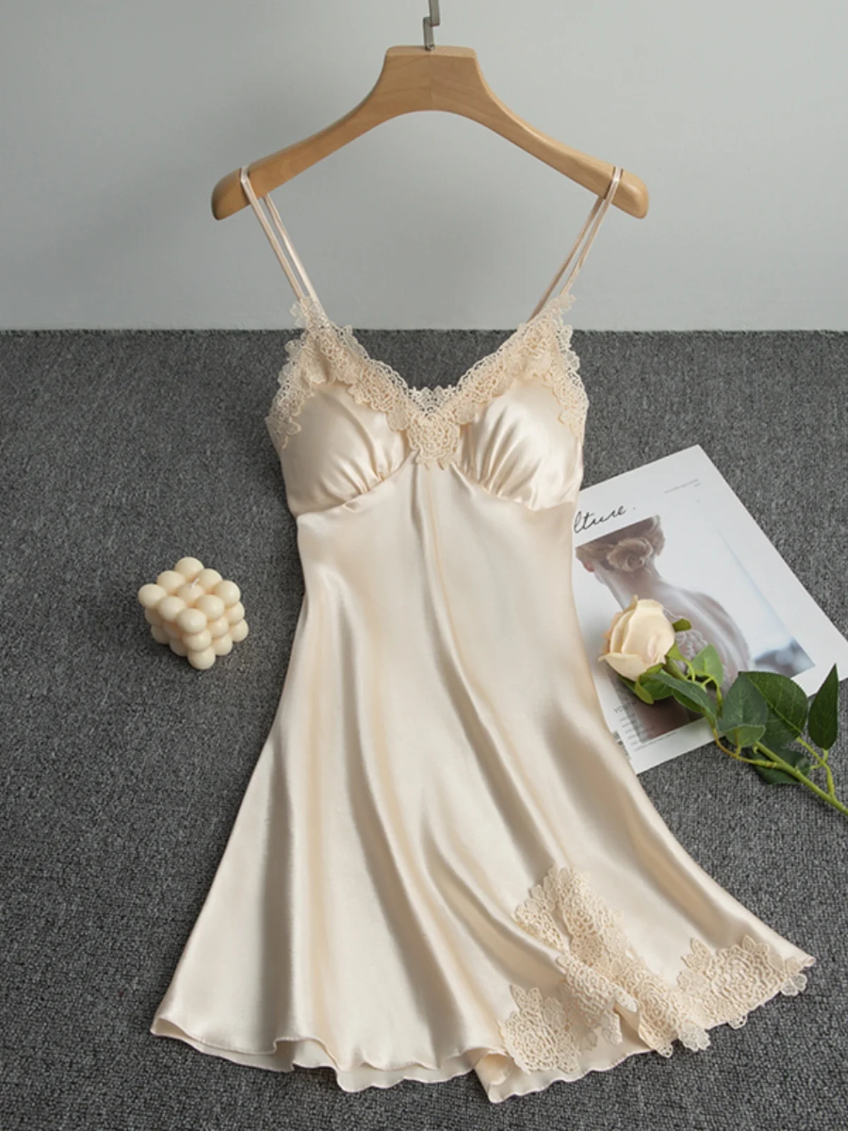 37455-431de8.jpg Summer Ice Silk Strap Sleepwear Thin Sexy Nightgown Loose Short Home Dress Women's Home Clothes Pure Color Sexy Home Style - Image 1