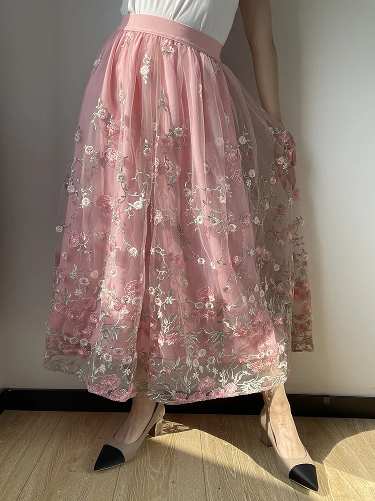 

JIAMi Bouquet Embroidered Long Skirt High Quality Pink Vintage Big Hem Floral Skirt Luxurious Fairy Style Women's Clothes