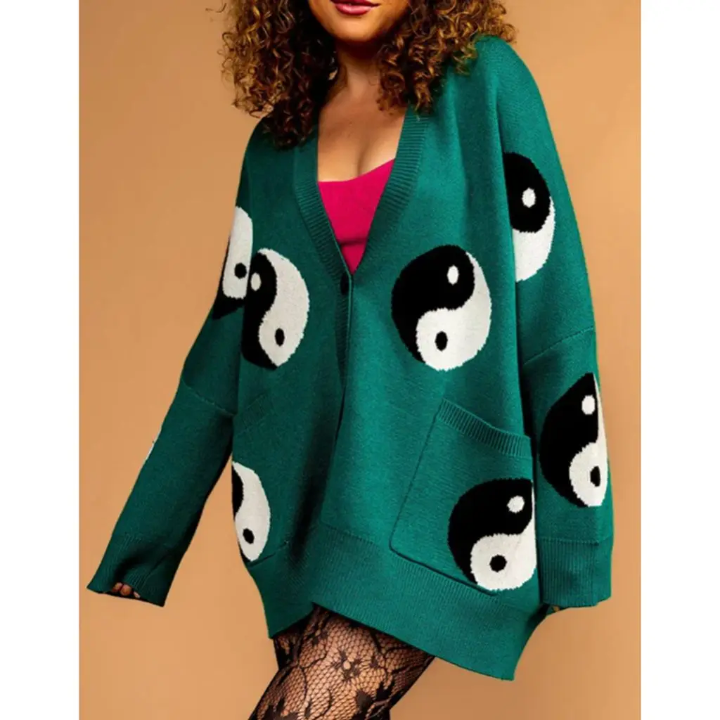 Combhasaki Women's Y2K Vintage Sweater Cardigan Tops Long Sleeve Button Up Deep V-Neck Plaid/Yin Yang Print Loose Knitwear Coats 2