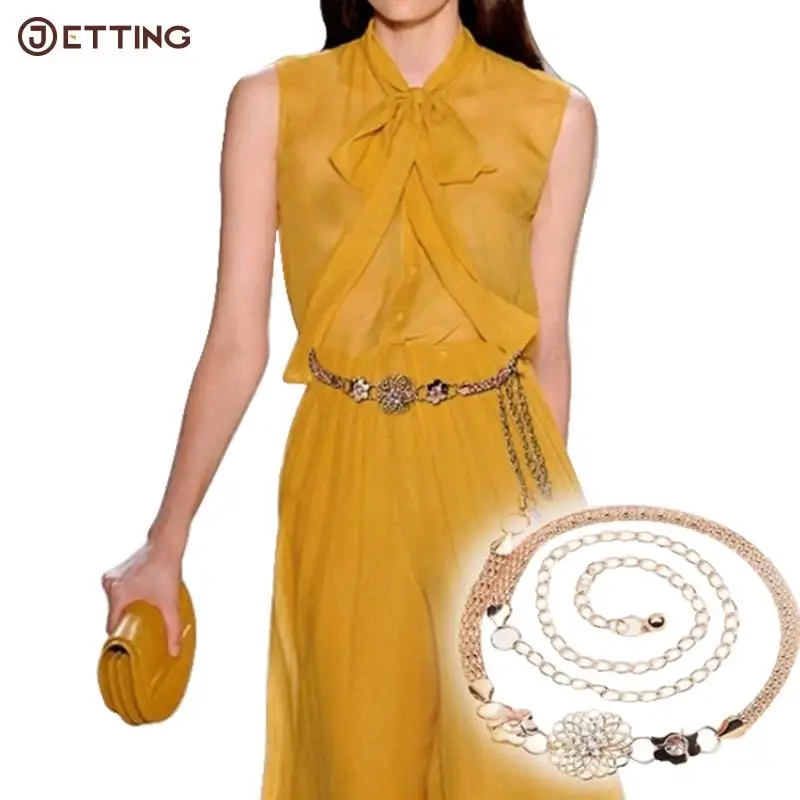 

Женские ремни в стиле ретро 85/110 см, золотистые ремни, металлическая цепочка для талии с золотистыми бриллиантами и цветами, подвесные ремни для монет, для вечеринки, ювелирных изделий, платьев