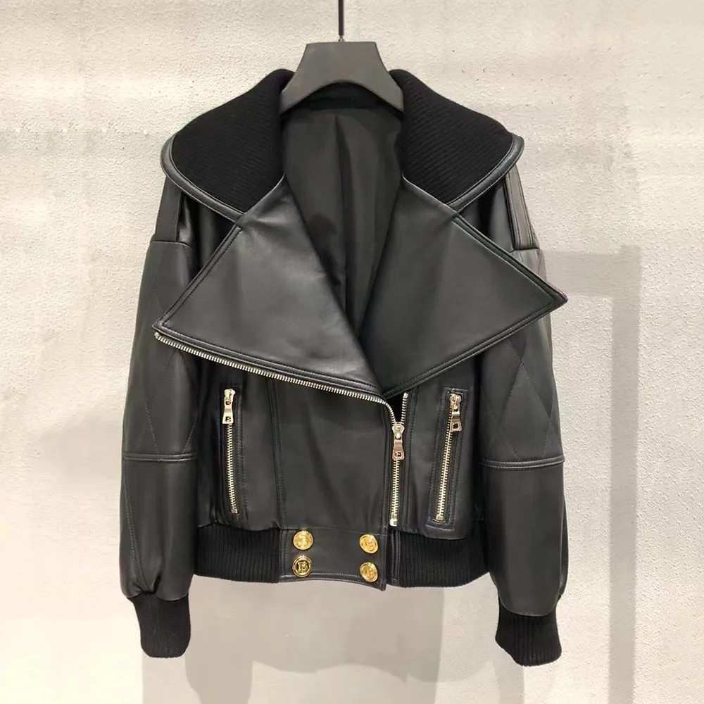 2022 New Fashion Real Leather Jacket Turn-down Collar Loose Casual Outerwear Patchwork Leather Coat bubble coat women Coats & Jackets