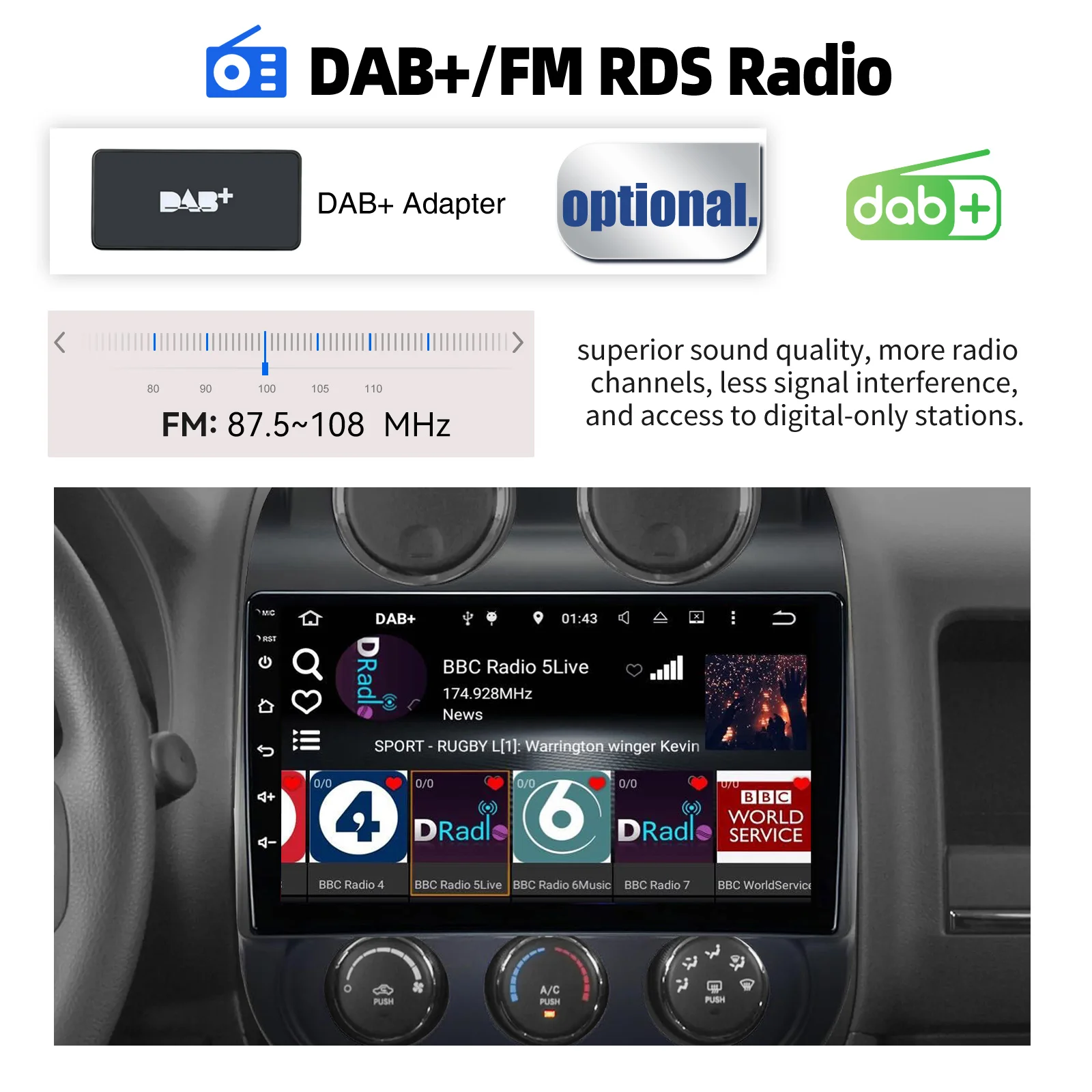 ESSGOO 10-Zoll Android 15 Kabelloses CarPlay für Jeep Compass Patriot 2010-16 Auto-Stereoanlage Radio GPS-Navigation FM BT RDS SWC WiFi Mirror Link – Detail 19