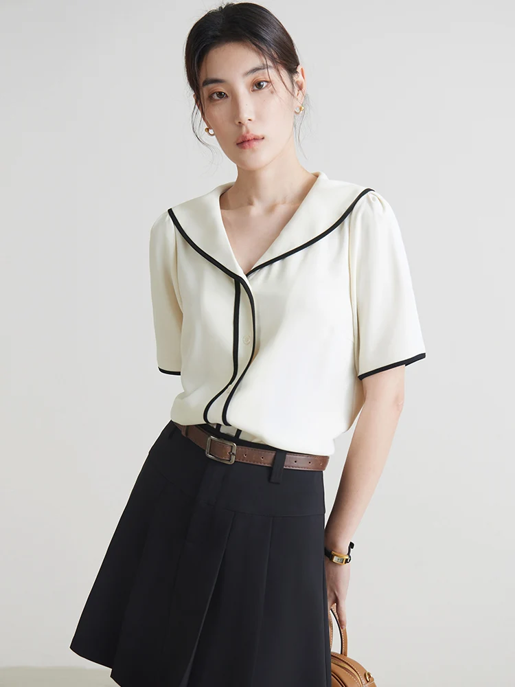 DUSHU Women's Minimalist Navy Collar Shirt Summer 2024 New Fresh Simple Slim Temperament Beige Women Top Casual  24DS82062 dushu retro denim skirt high waist sashed skirt for women versatile commuting 2024 spring new cool feeling a line denim skirts f