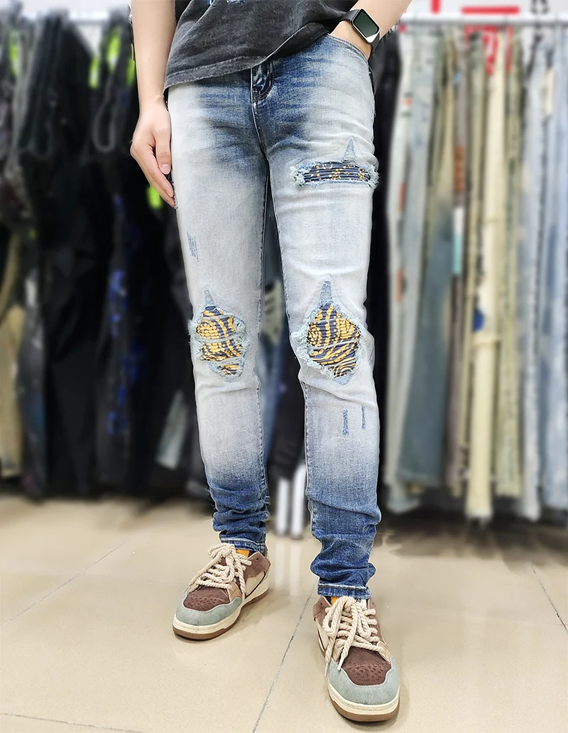 Men's Summer Fashion Printed Ribbed Splicing Old Slim Jeans Stretch Large Size Stacked Hole Blue Men's Denim Trousers A1330