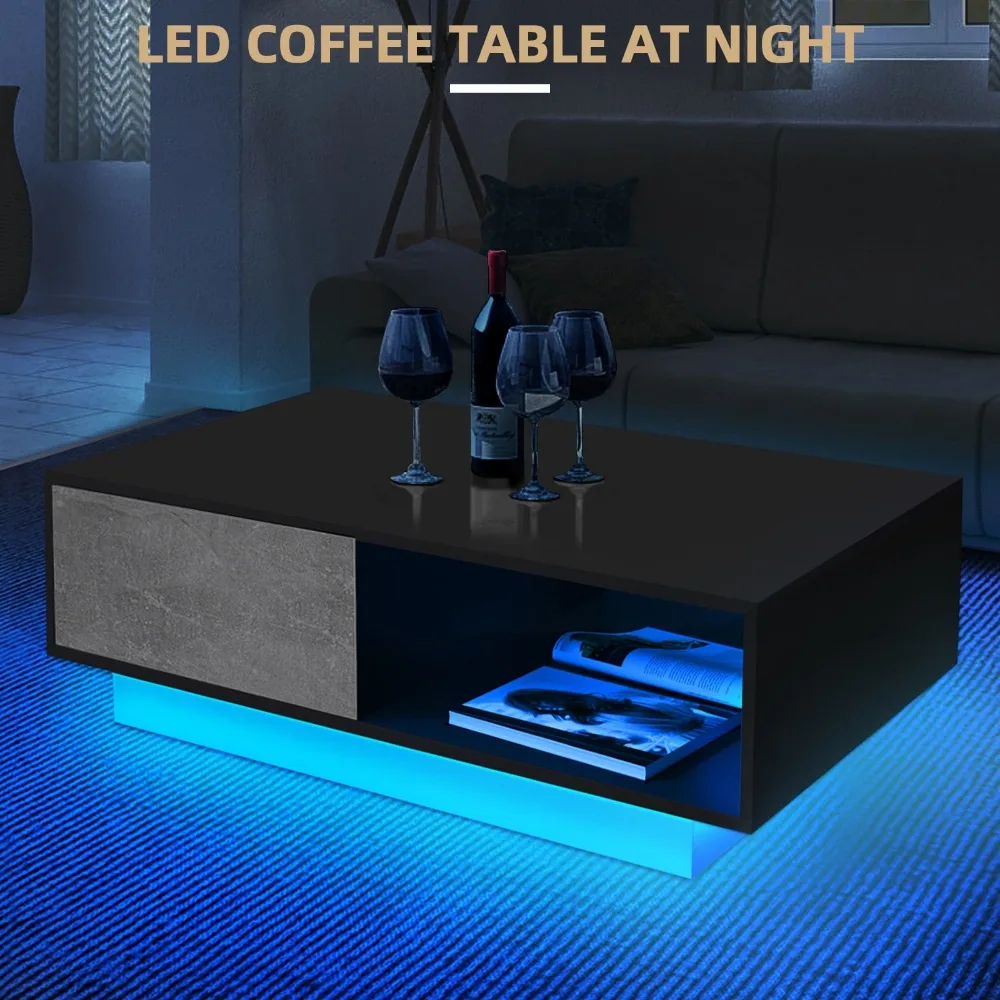 LED Coffee Table Modern Side Tables High Gloss Black Cocktail Table with 2 Drawers Open Shelf for Living Room 3