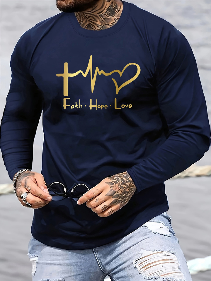 Men's Spring and Autumn 100% Cotton Comfortable Leisure Love Faith Pattern Printed Round Neck Long Sleeve T-shirt Top