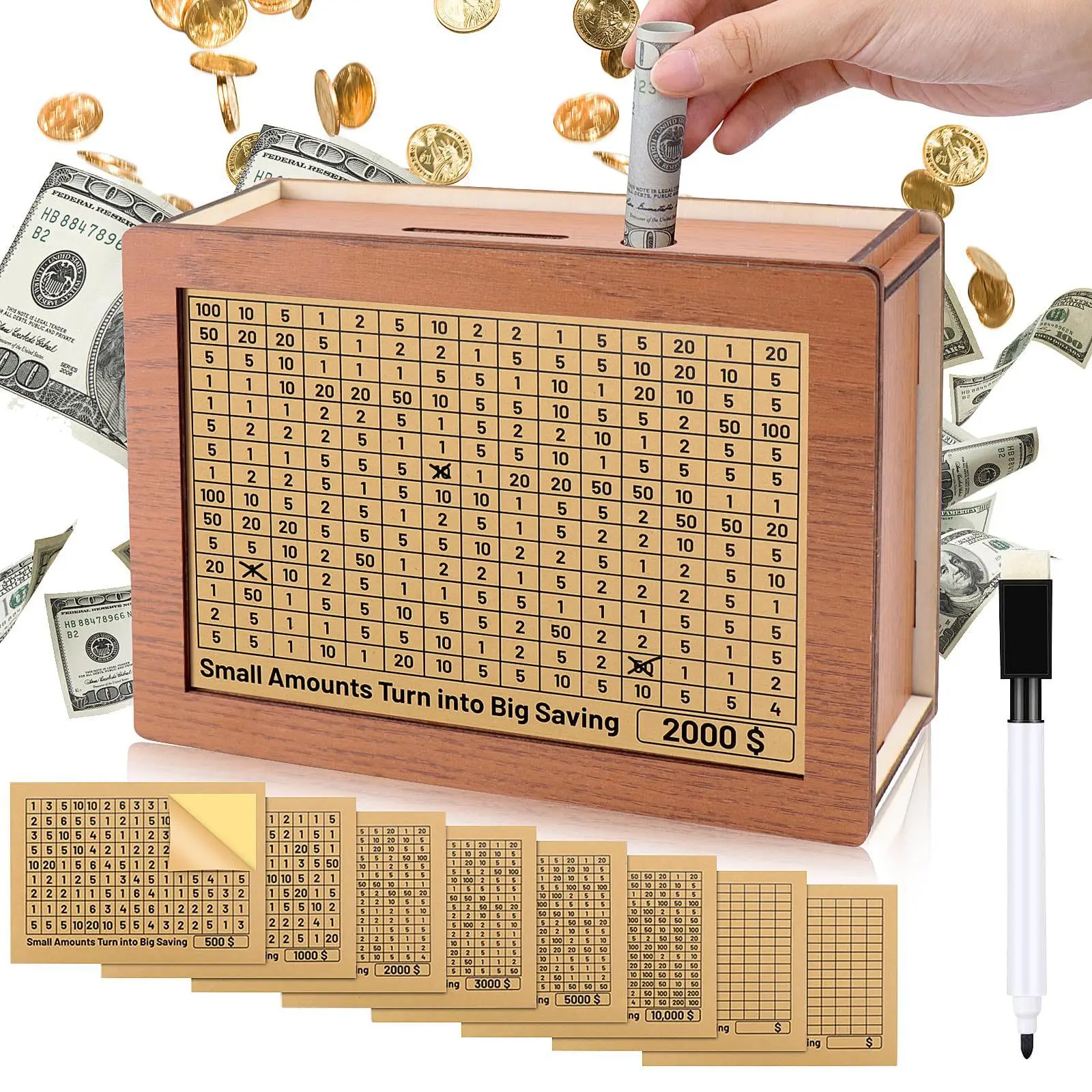 1000/2000/3000/5000/10000 Euro Wooden Money Box - Reusable Piggy Bank with Savings Goal Tracker & Numbered Compartments 2
