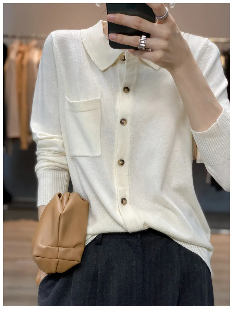 WinvyNee Women's Elegant Spring Knitted Cardigan Wool Polo Neck With Pockets Solid All-Match Casual Soft Tops Coats ZB1047006