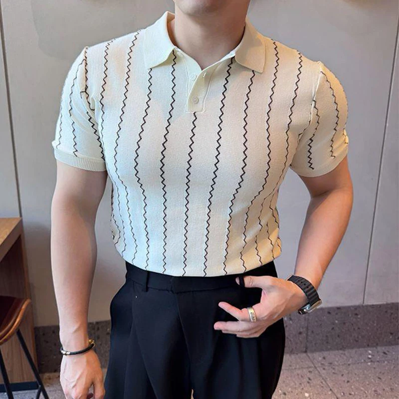 2025 Spring Summer New Casual Mens Polo Shirt Vintage Striped Crochet Buttoned Polo Neck Knit Tops Men Fashion Slim Fit Polos 8 S26a50ba9c3df4ff581a604edd2452850k