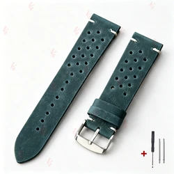 Handmade Dark Brown Vintage Racing Leather Watch Strap - Breathable and Porous Design - 22mm (Blue)