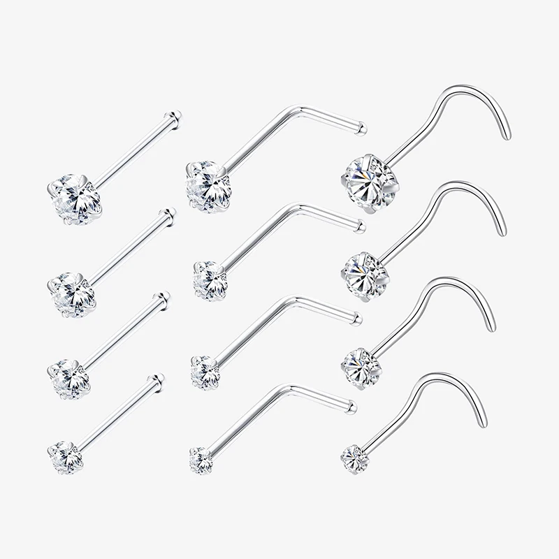 Cubic Zirconia Nose Studs I L Shaped Shiny Crystal Bone Nostril Piercing Jewelry 8pcs 1.5/2/2.5/3mm