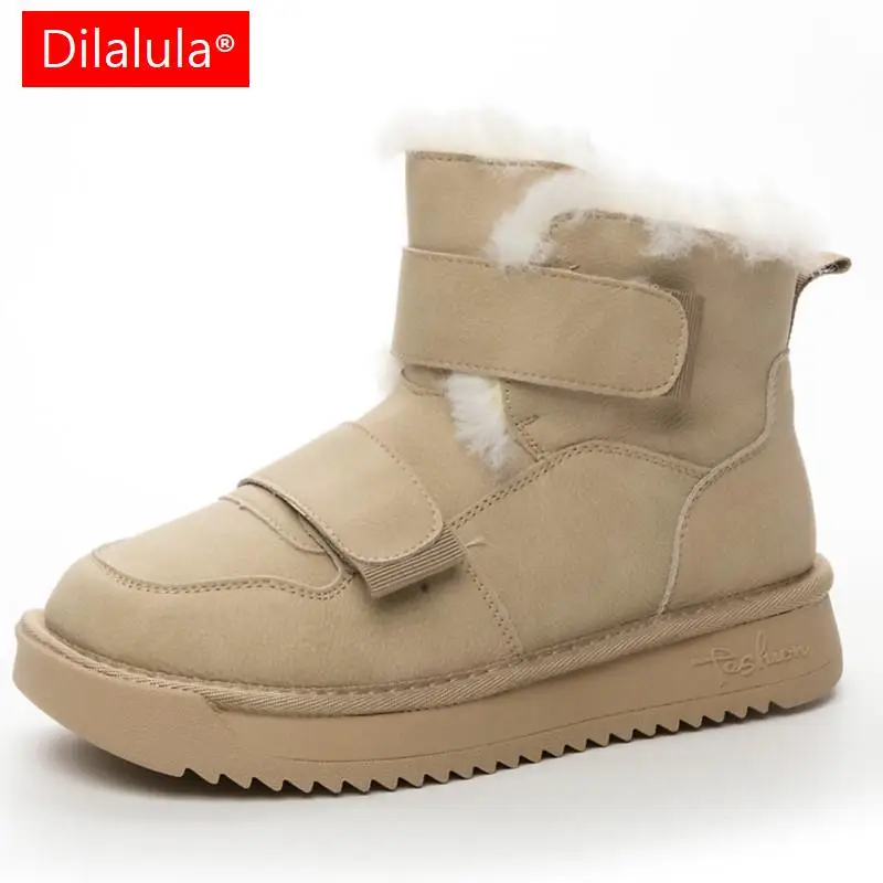 

Dilalula новейшие зимние толстые плюшевые женские ботильоны из натуральной кожи