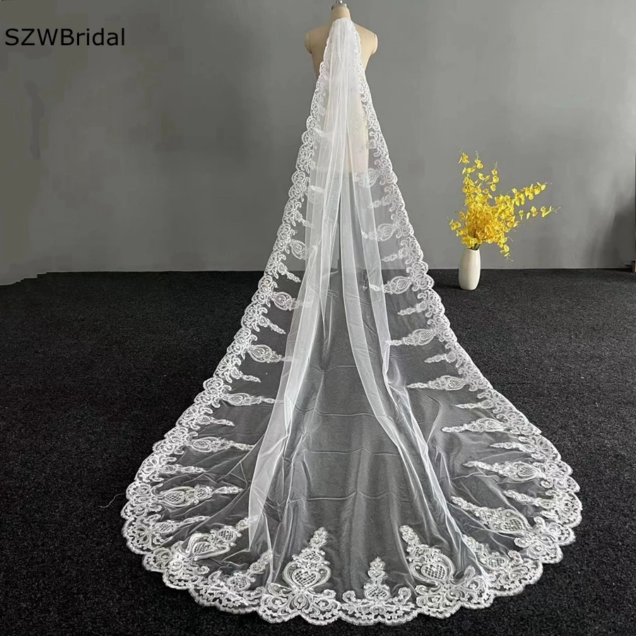 

New Arrival velo de novia Cathedral Wedding Veils for Bride Lace Beaded bridal hair accessories Voile mariage Sexy Bridal veils