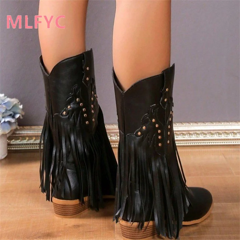 Europe and America Vintage Tassel Boots 2023 Autumn/Winter New Rivet Mid Barrel Boots Large Knight Boots Mujer