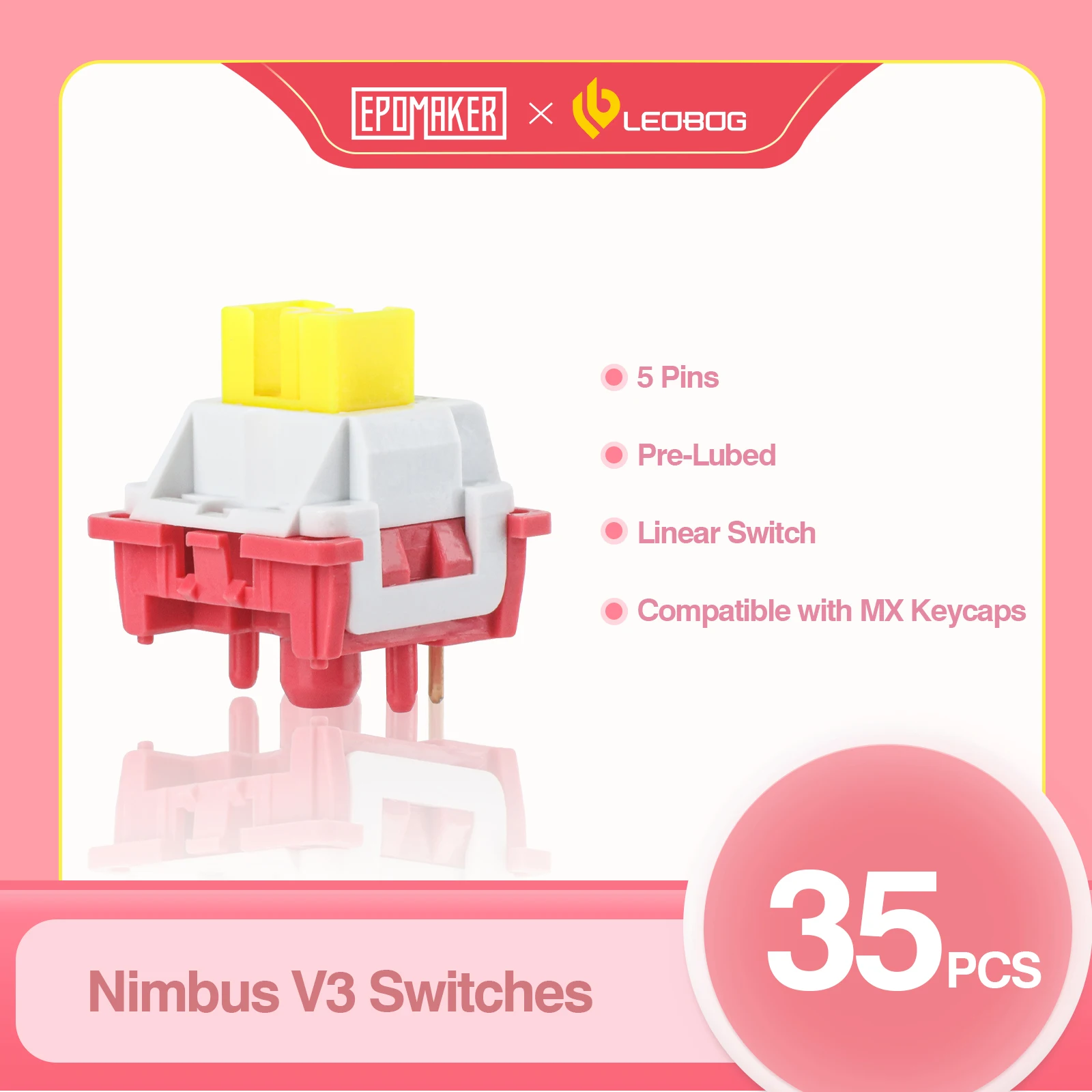 Epomaker x Leobog Nimbus Teclado Interruptor Linear de Pinos com Pom Stem Slot Led Compatível com Teclas mx v3 34gf 35 Pcs