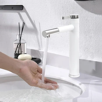 Kitchen 360° Rotatable Tap Bathroom High Washbasin Mixer Tap White Single Lever Mixer Tap for Bathroom Brass 2
