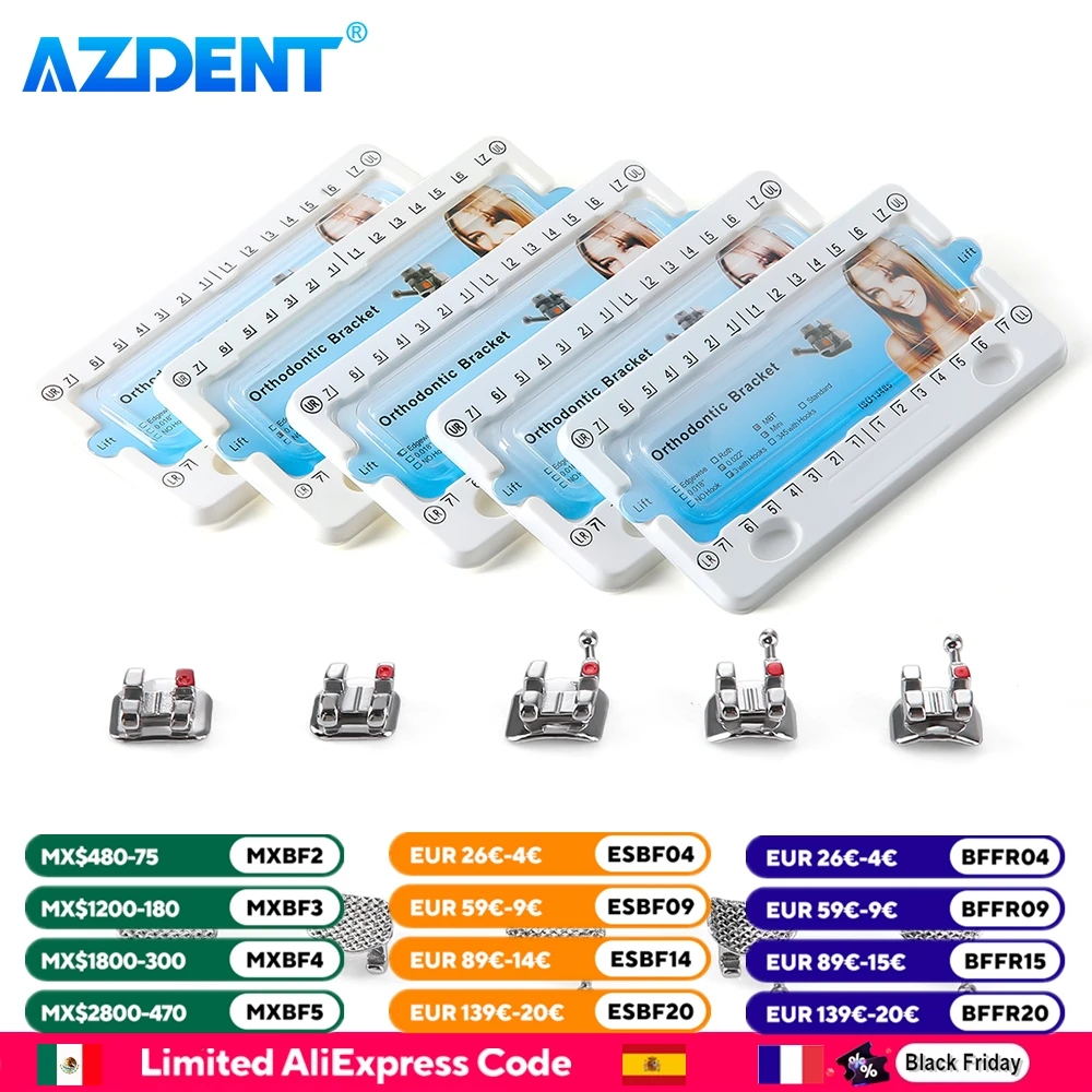 20 ชิ้น/แพ็ค AZDENT ทันตกรรมวงเล็บจัดฟันฐานตาข่ายโลหะ MINI Roth/MBT สล็อต 0.022/0.018 ตะขอ 3-4-5 ทันตกรรมเครื่องมือ 1