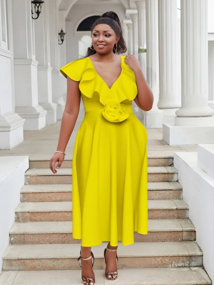 Wmstar Women's Dresses Wholesale V Neck Ruffles Flower Evening Elegant Party Birthday Dress Fashion Women Clothing Dropshopping