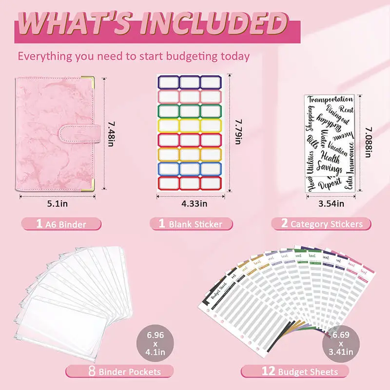 PU Leather Budget Binder with Cash Envelope Pockets and Zipper - Compact French-Style Money-Saving Planner Organizer