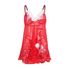  Ohyeahlady Soft Lace Plush Red Christmas Dress Women Mini Deep V Nightgown Sexy Babydoll Skirt 5XL Plus Size Lingerie Nightdress 