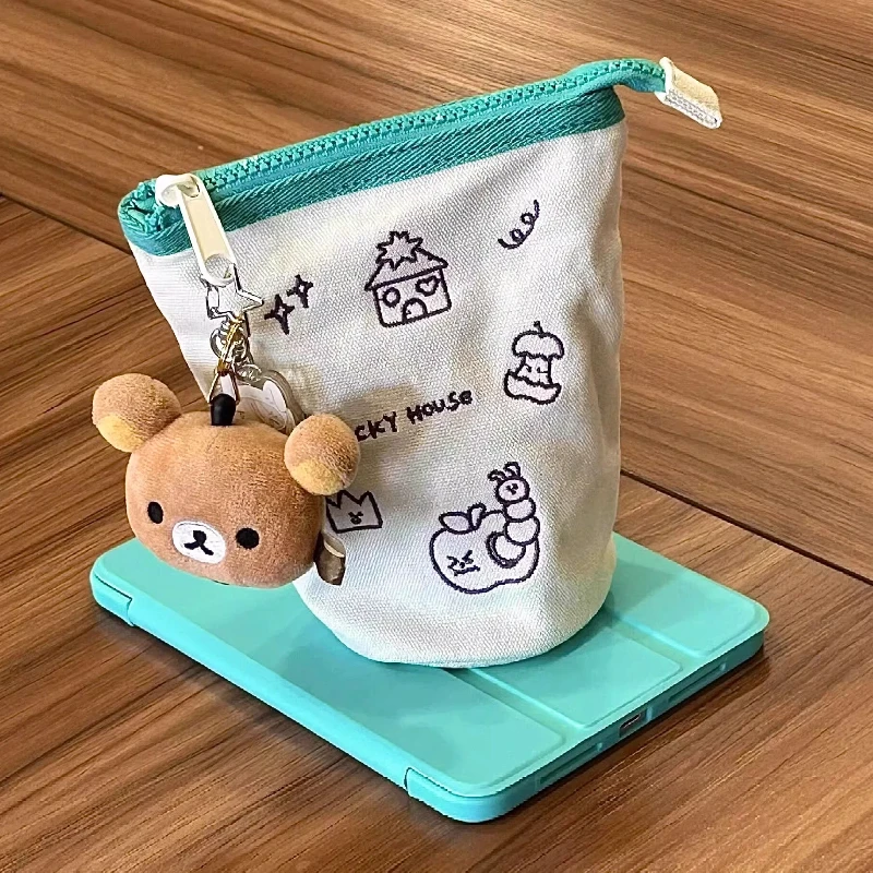 스탠딩 연필 케이스 캔버스 대용량 수직 플립형 귀여운 곰 펜던트가 있는 일본식 중학교 대학생용