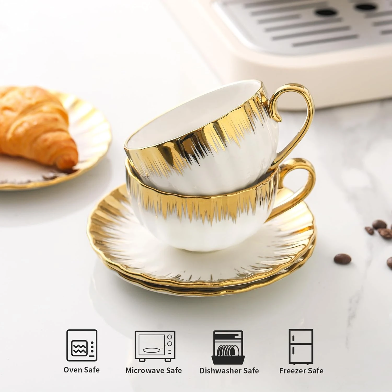Tea Cups and Saucer, Ceramic Cappuccino Cup with Saucer 7oz Turkish Coffee Cup Set for Double Espresso, Latte,White