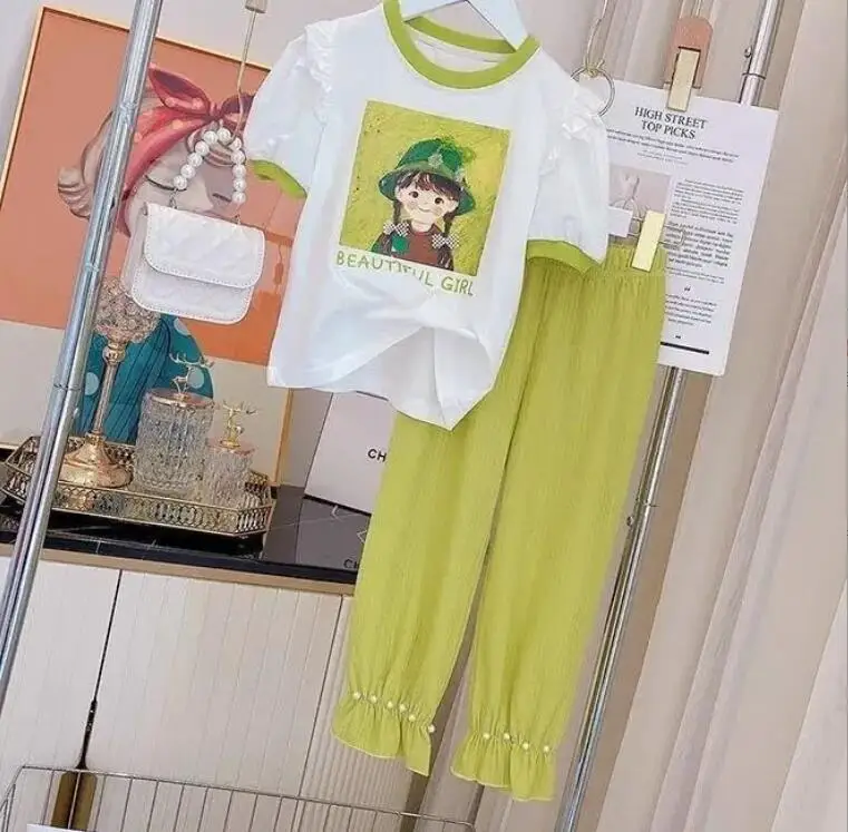 

Retail 2023 New Baby Girls Summer Fashion Sets Cartoon Top+ Pants Princess Sweet Suits 4-8T