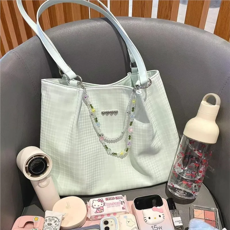 JIAERDI Sweet Cute Heart Green Tote Bag Women Large Capacity Beaded Handbag Ladies Gentle Casual Commute Shoulder Bags 2025 New